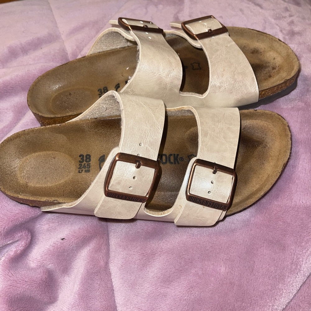 Pearl white Birkenstock Arizona sandals